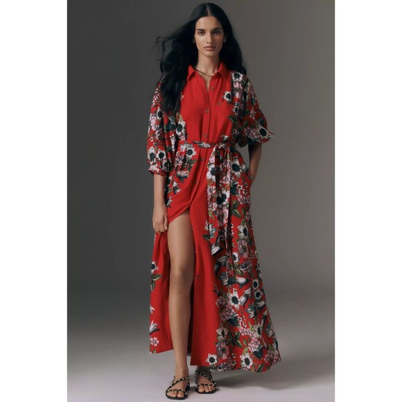 Anthropologie Dresses & Skirts - Anthropologie The Mona Linen Maxi Shirt Dress by Maeve Red Floral 2X NEW